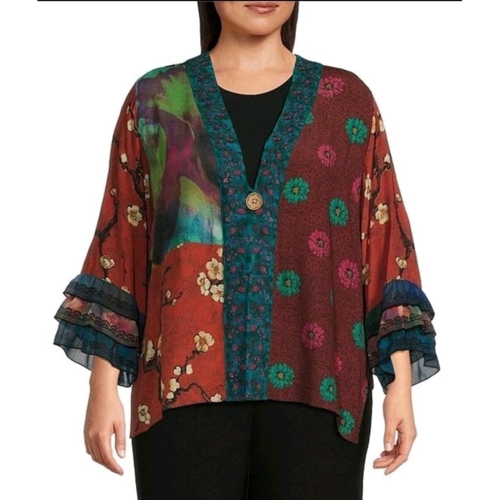 John Mark Tiered Ruffled Sleeve Kimono Embroidered Jacket Boho Gypsy Sz‎ 3X NWT